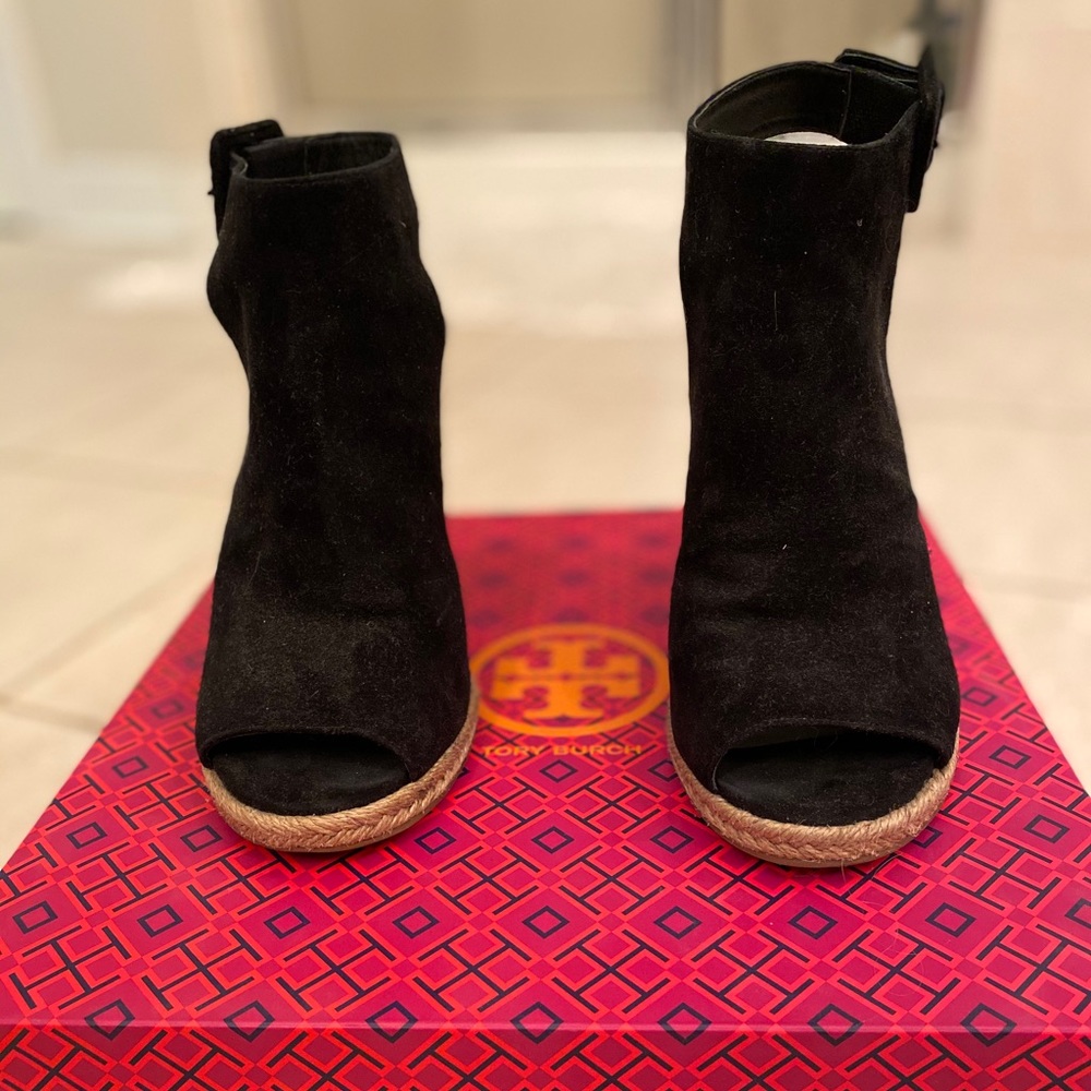 Tory Burch Black Suede Open-Toe Espadrille Wedges